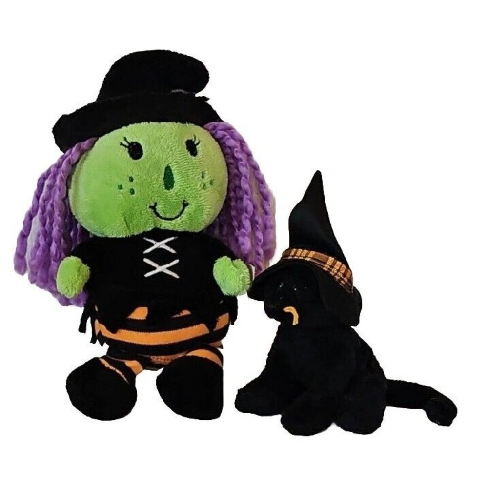 Dan Dee Wicked Witch and Ty Black Cat In Hat Plush Lot Halloween Green Doll
